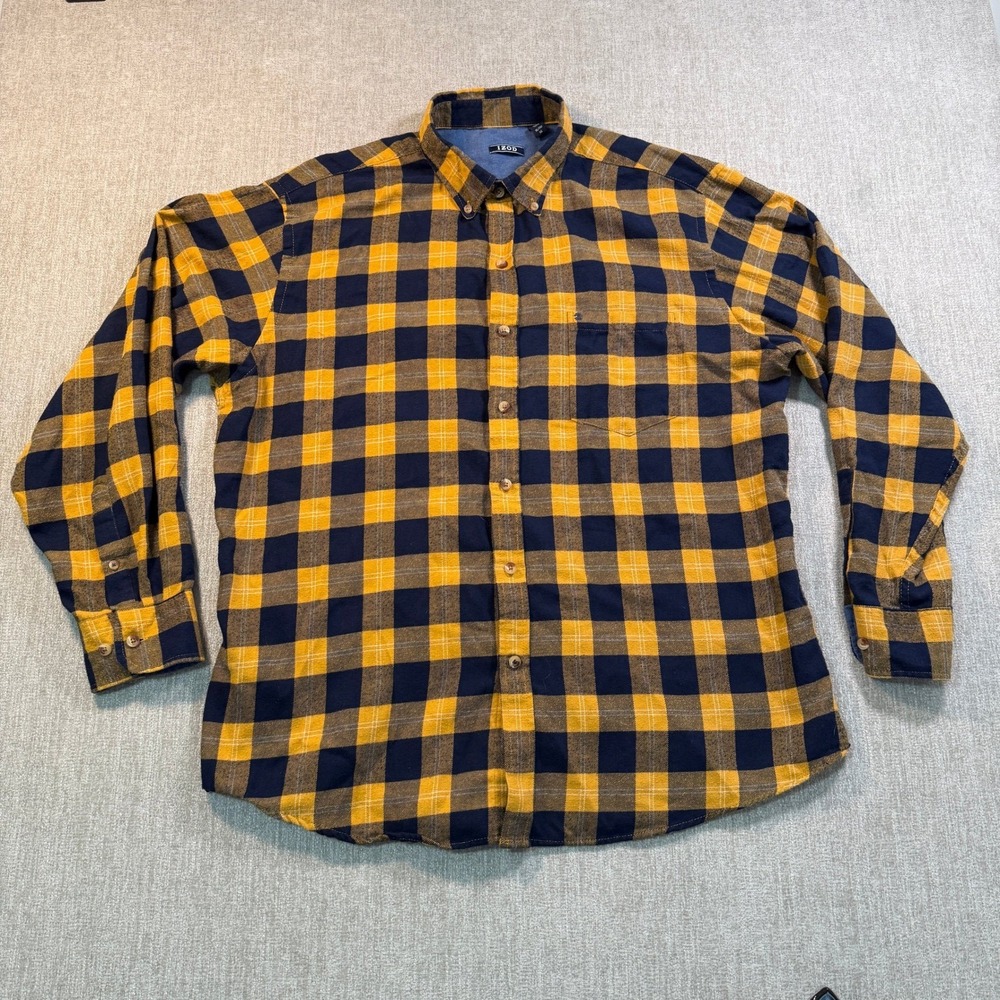IZOD Mens XL Flannel Shirt Navy Blue Yellow Buffalo Check Button Down LS